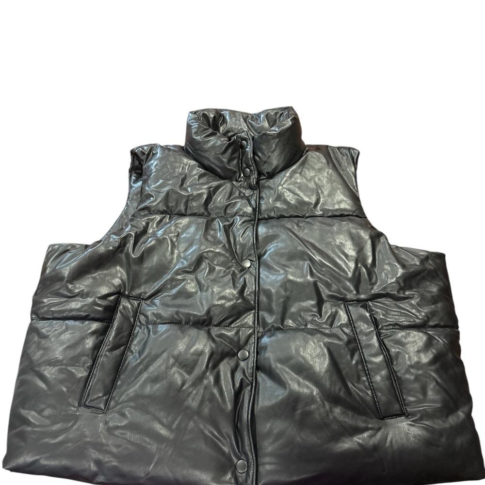 Women’s Faux Leather Black Puffer Vest Jacket - Quilted High Collar